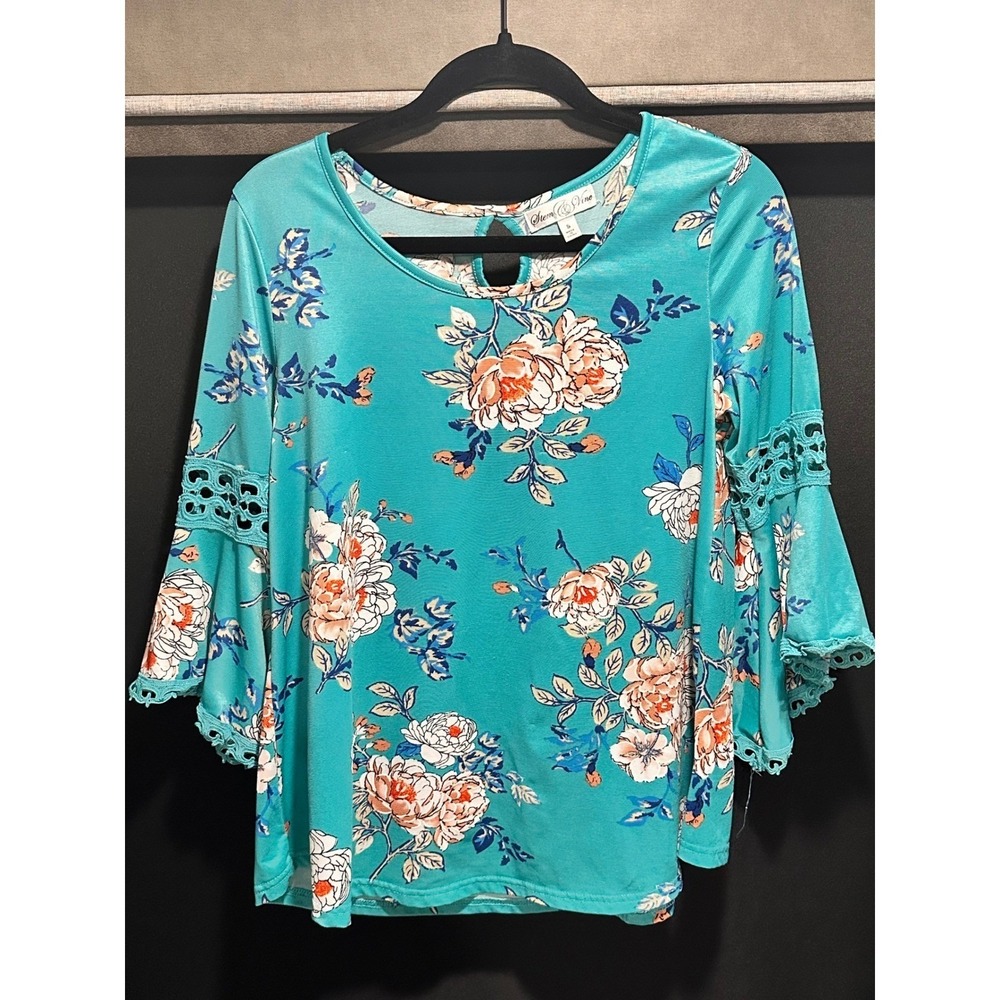 Stem & Vine Womens Small Teal Floral Bell Sleeve Blouse Lace Trim Boho Peasant